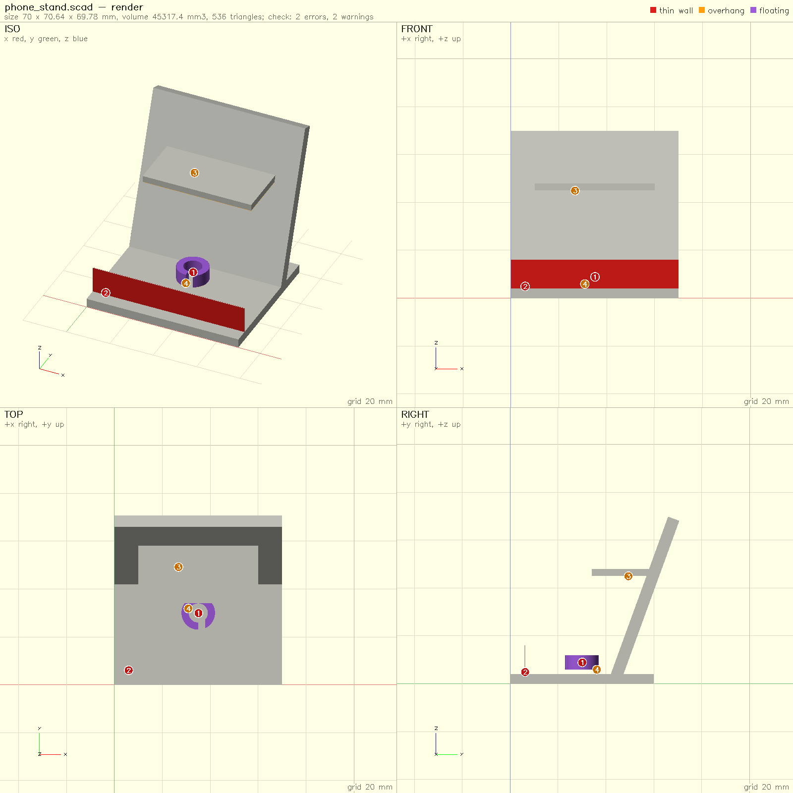 A NeoSCAD snapshot sheet with check findings marked on a phone stand in four views: the front lip drawn red as a wall 0.3 mm thick, a cable clip drawn purple as a piece floating above the bed, and numbered markers on the lip, the clip and an unsupported shelf. The header reads check: 2 errors, 2 warnings, with a legend for thin wall, overhang and floating.