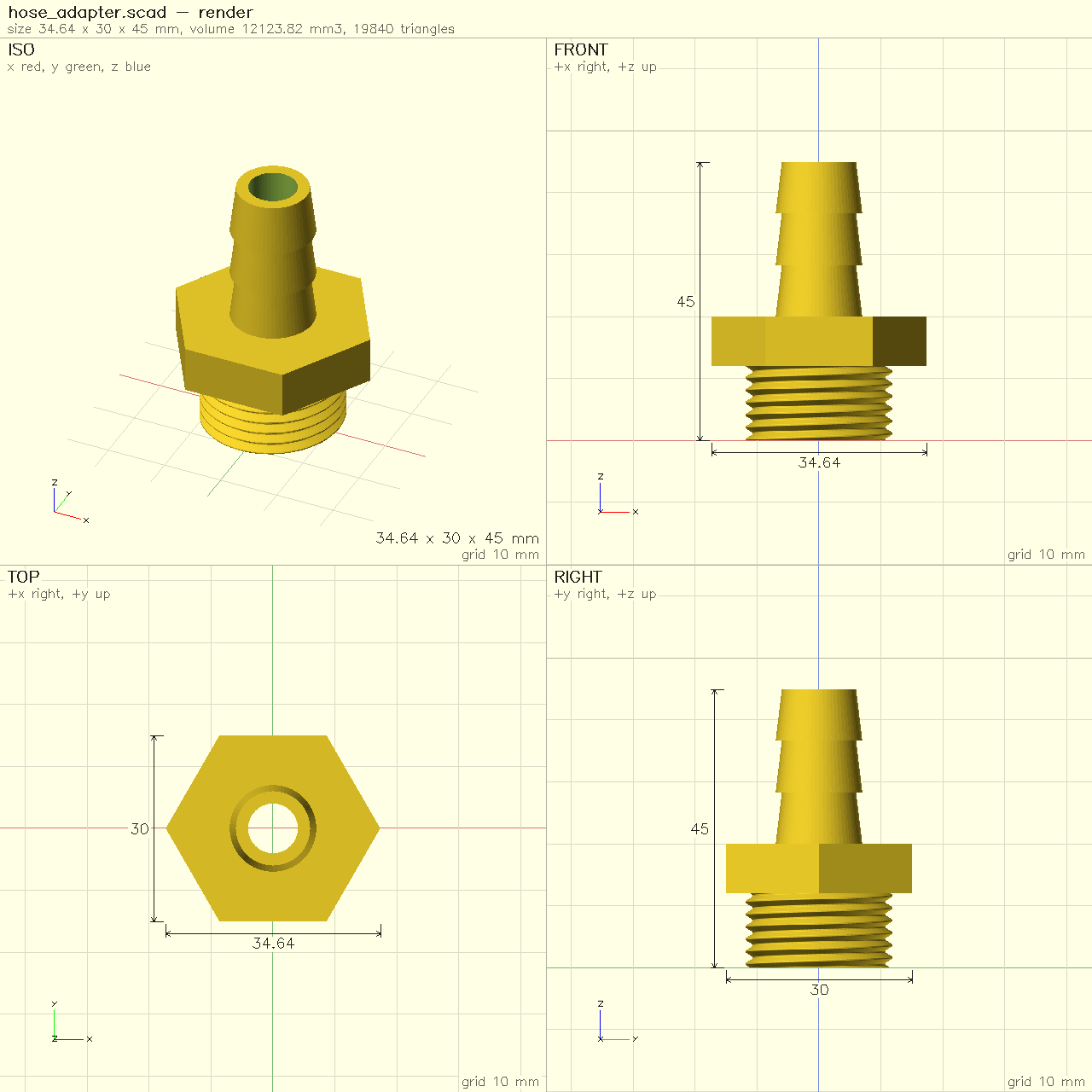 A NeoSCAD snapshot of a threaded hose-barb adapter: four views with dimensions on one sheet.